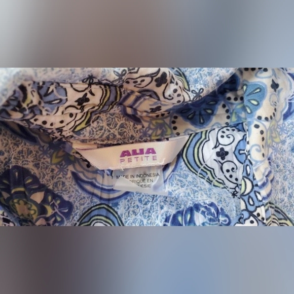 VTG 90s Alia Petite Blue Floral Geometric 3/4 Sleeves Buttons Up Shirt Top 8P - Picture 2 of 7